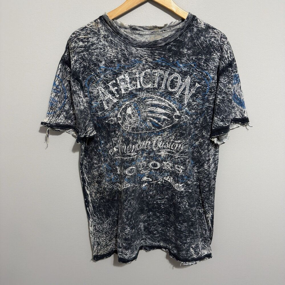 Affliction American Customs T Shirt Mens L MMA Grunge Y2K Biker AOP Dtsrtessed